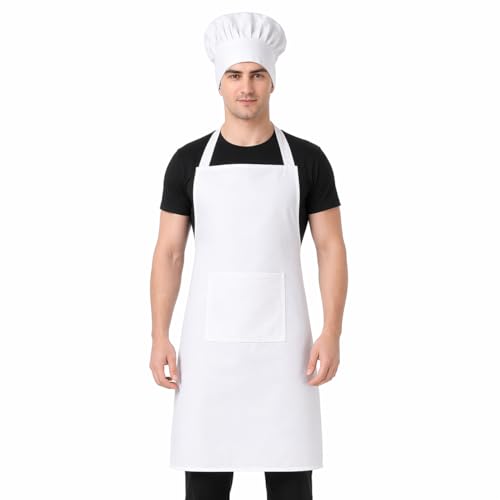 Image of KODENIPR CLUB Men's and Women's Hotel Kitchen Cloth Chef Apron with Cap (White).