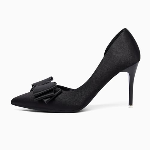 Image of Womens Bow Heels Closed Pointed Toe Dress Shoes Stiletto Slip on Wedding Pumps