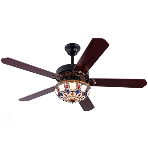 Ventiladores de techo Tiffany de 52 pulgadas con control remoto de luz Ventilador de techo con vidrieras vintage Aspas de madera Temporizador de 3 velocidades Accesorio de iluminación con control remo