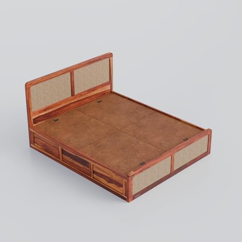 Image of DRIFTINGWOOD Amber Solid Sheesham Wood King Size Bed with Box Storage | Rattan Cane Headboard & Footboard | Carved Edges | Honey Finish (Self Assembly Required)