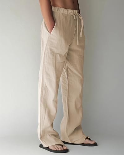 Men's Linen Beach Pants - Lightweight Printed Drawstring Waist for Vacation Yoga2