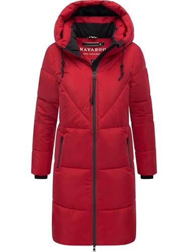 Navahoo Damen Langer Wintermantel warmer Steppmantel mit großer Kapuze und Fleece-gefütterten Kragen Kältekuschel XIV Dark Red Gr. S