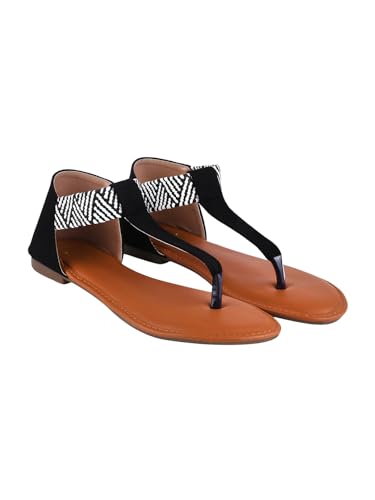 Image of Shoetopia Women's Ethnic Style T-Strap Sandals Chevron Ankle Strap Flats for Casual & Festive Comfortable & Stylish Party