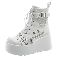 Lglmqxtm \u200BWomen's Goth Combat Ankle Boots,Studded Boots for Women with Chunky Platform Heel Buckle and Chain, Round Toe Zipper Closure Perfect for Punk Fashion