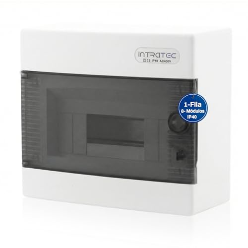 Intratec Cuadro Eléctrico de Superficie 1 Fila – IP40 Caja de Distribución para 8 Módulos con Puerta Transparente para una Instalación Fácil en Hogar y Comercio – 236 x 215 x 102 mm