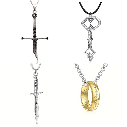 LIWWEC Lord of the Ring Power Pendant Sword Necklace Set 4 pcs Gothic Cosplay Jewelry for Fans