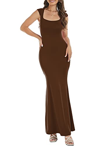 Image of Womens Summer Cap Sleeve Square Neck Elegant Casual Lounge Bodycon Slim Maxi Evening Party Long Dress