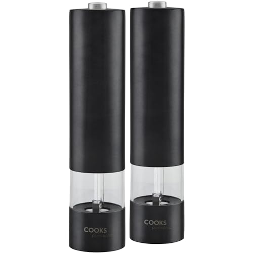 Cooks Professional Electric Salt and Pepper Mill Set | Battery Operated Automatic Grinders with Adjustable Course & Fine Grinding & One Touch Operation | Condiment Seasoning Grinder | Black