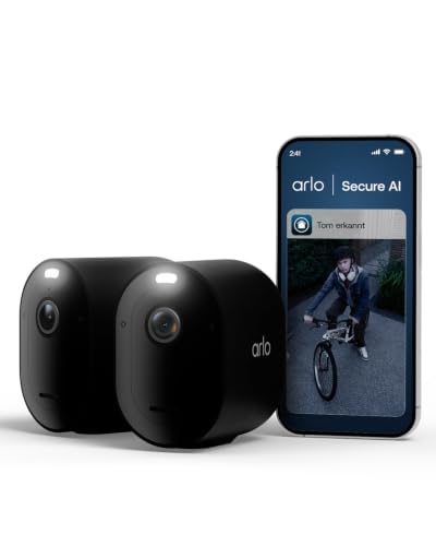 Arlo Pro 6 Überwachungskamera Aussen WLAN, Kabellos, 2K+HDR, Farb-Nachtsicht, 160° Blickwinkel, Zwei-Wege Audio, Spotlight, Bewegungserkennung, mit Arlo Secure Testzeitraum, 2er Set, schwarz