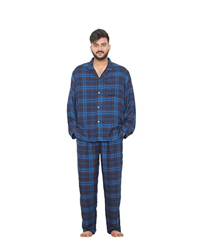 Image of Men's Rayon Twill Check | Long Sleeve Shirt with Elastic Pyjama Set | Comfortable Fit Night Suit | Lounge Wear Sleepwear Blue