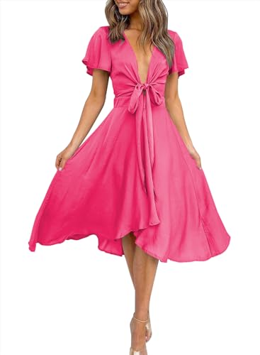 Image of miduo Womens Satin V Neck Ruffle Short Sleeve Tie Front High Waist Midi A-Line Maxi Dresses