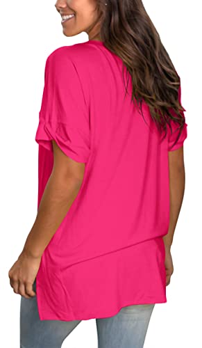 Image of Sampeel Women's V Neck T Shirts Casual Rolled Short Sleeve Side Split Summer Tops Loose Fit