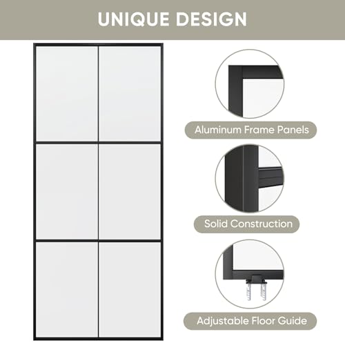 JUBEST 42in x 96in Glass Sliding Barn Door, 3-Panel Black Aluminum Frame and Clear Tempered Glass Modern French Door, Easy to Install (No Sliding Hardware Kit)