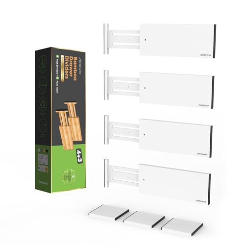 ANTOWIN 4 Pack Expandable Drawer Dividers, 4.7'' High, Extend from 12.2'' to 17.7'', Dresser Drawer Organizers, Bamboo Separators for Kitchen, Bedroom, Office, Bathroom (White)