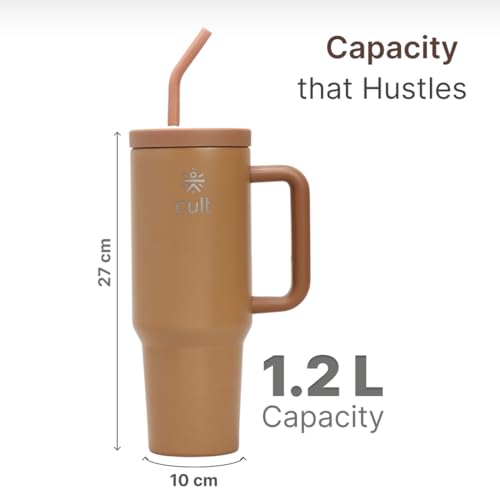 Image of Cult 1200ml Stainless Steel Insulated Tumbler with Handle, Straw & Cleaner Double Wall Vacuum Bottle for Hot & Cold Drinks Leakproof Travel Mug Reusable for Gym, Office & Travel Brown
