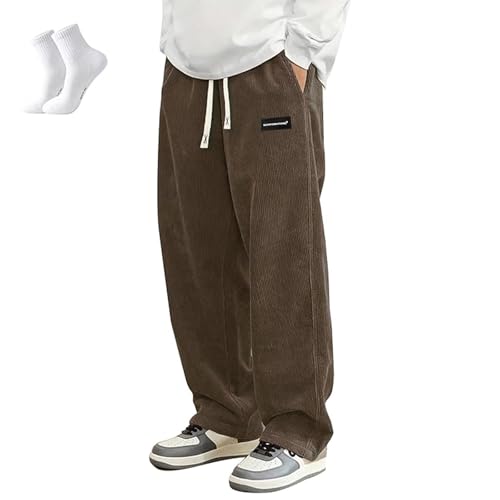 Mokaloha Corduroy Pants, Men's Daily Casual Pit Strip Corduroy Fabric Embroidery Logo Tether Loose Elastic Waist Pocket Pants