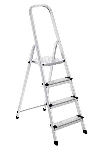 4 Step Ladder Aluminium Folding Step Ladder - With Anti-Slip Steps & Non-Slip Feet, Tool Tray, Household, Kitchen, Garage, Decorating, DIY - MAX 150kg - EN131 Approved