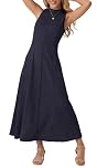 GRECERELLE Women's Mock Neck Midi Dress Sleeveless Summer Dresses for Women UK Elegant A Line Ladies Casual Dresses with Pockets for Work Holiday Party (Navy Blue, M)