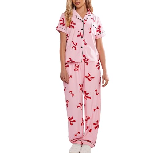 Pyjama imprimé nœud Saint Valentin pour femme avec pantalon à poche boutonnée mignon