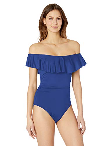 La Blanca Women's Island Goddess Off Shoulder Ruffle One Piece Swimsuit, Blueberry, 14