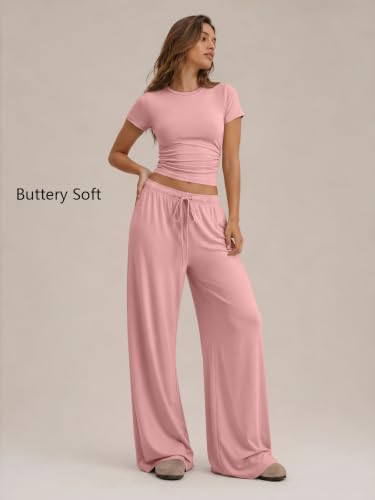 Image of Trendy Queen 2 Piece Matching Summer Lounge Set Womens Side Ruching Top Wide Leg Pants Sets with Pockets