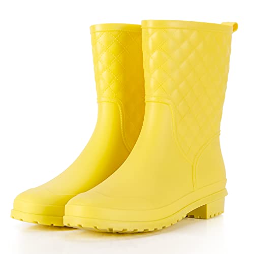 Petrass Women Rain Boots Black Waterproof Mid Calf Lightweight Cute Booties Fashion Out Work Comfortable Garden Shoes, Yellow 6