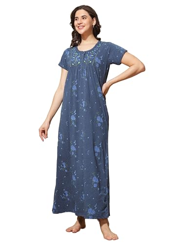 Image of 9shines Label Stylish Cotton Blend Embroidered Maxi Nightdress for Women with Pocket| Full Length Nightwear| Premium Nightdress| Comfortable Nightwear(5256)