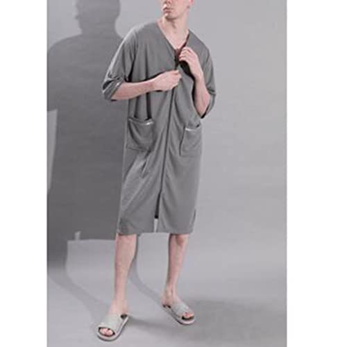 Short Sleeve Mens Sleepshirt Nightshirt Loose Comfy Nightgown Zipper Robe with Pockets Housecoat2