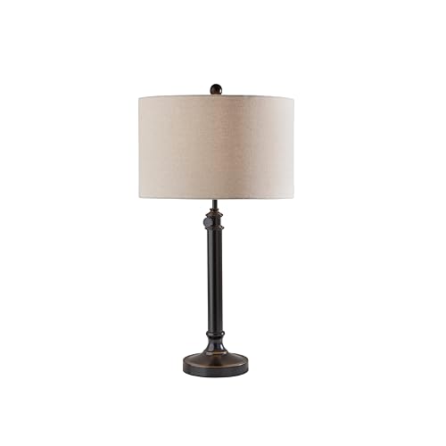 Adesso Antique Bronze Table Lamp with Oatmeal Linen Shade – Adjustable Height Accent Light for Bedroom, Living Room, or Home Office, up to 34” Tall