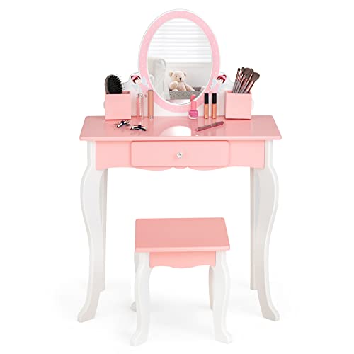 LIFEZEAL Tocador para niños, juego de tocador 2 en 1, mesa de maquillaje con espejo y taburete, para niños de 3 a 7 años, capacidad de carga de 30 kg, 62 x 32 x 93 cm (rosa) Cover