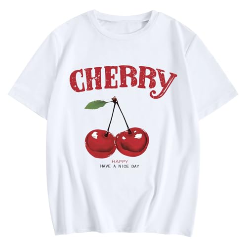 Bobeutou Cherry Shirt Women Fruit Graphic Printed Tshirt Vintage Tees Aesthetic Cute Preppy Cherries Shirts Casual Tops(White L)