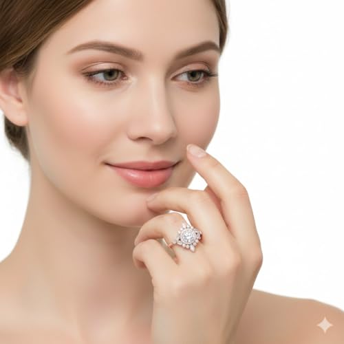 Image of 55Carat Choose Your Gemstone Round Halo Floral Engagement Ring Rose Gold Plated Round Shape Vintage Engagement Rings Everyday Jewelry Wedding Jewelry Handmade Gifts for Wife US Size 4 to 12