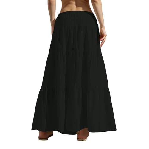 midelxp Tiered Long Skirts for Women Summer Vacation A-Line Pleated Skirt Drawstring High Waisted Flowy Swing Maxi Skirts3