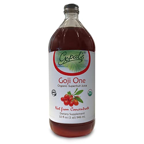 Gopal's Healthfoods Goji One | Organic Goji Juice - 32oz (1qt) Glass Bottle | Gluten-Free Vegan Superfruit Supplement 30g of Pure Goji Juice Per Serving, Vitamin & Antioxidant Rich