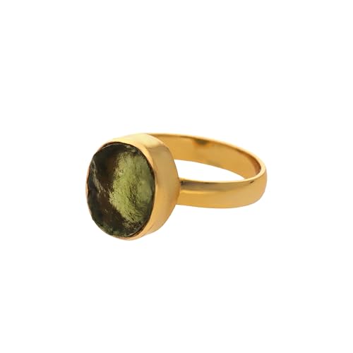Natural Moldavite Rough Gemstone Ring, 14k Gold Vermeil Promise Ring, Simple Moldavite Stone Ring From Czech Republic Gift For Her, Green/gold3