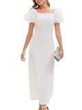 LALACAT Women's Formal White Dresses Bodycon Square Neck Puff Short Sleeve Pearl Slit Party Birthday Prom Summer Dress(D2413-White-M)