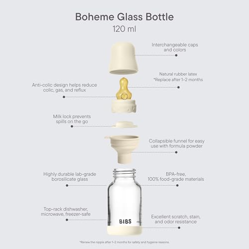 Image of BIBS Boheme Glass Baby Bottle, 120 ml, 1-Pack, Violet Sky | Natural Rubber Latex Nipple | Anti-Colic | Slow Flow | Supports Breastfeeding | Made in Denmark | Familiar BIBS Nipple