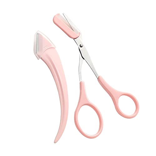 2Pcs Eyebrow Scissors with Comb,Professional Precision Eyebrow Trimmer Set,Eyebrow Razor,Non Slip Eyebrow Trimming Scissors Small Eyebrow Grooming Kit Hair Removal Beauty Tool for Women Men(Pink)