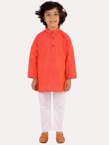 Image of superminis Baby Boys Traditional Ethnic Wear Handloom Cotton Solid Pattern Kurta With White Pyjama Set
