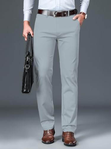 Image of AVANOVA Men's Light Grey Solid Trousers Light Business Style Slightly Stretch Straight Leg Pants for Outdoor Casual Daily (Trouser 127)