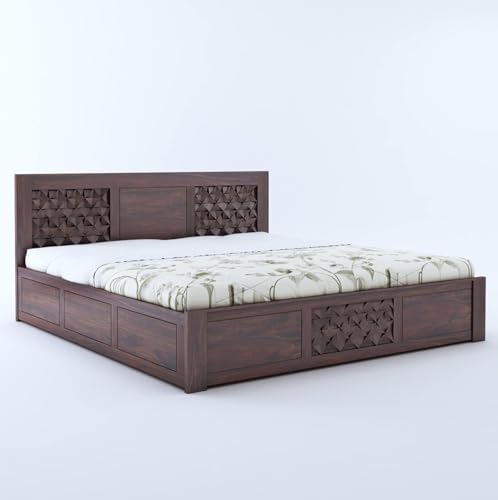 Image of Ganpati Arts Solid Sheesham Wood Queen Size Raj Bed with Box Storage | Wooden Double Bed Cot Palang Fruniture for Bedroom Living Room and Home (Walnut Finish) 1 Year Warranty