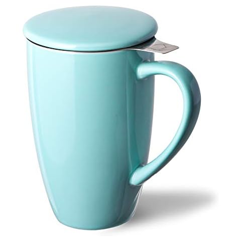 Sweejar Porcelain Tea Infuser Cup with Lid, 16 oz Tea Cup with Strainers for Loose Leaf Tea, Microwave and Dishwasher Safe Coffee Mug, Tea Steeping Mug for Tea Drinkers,Christmas Gift (Turquoise) Cover