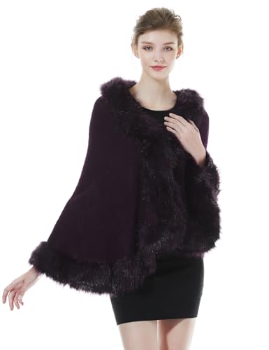 BEAUTELICATE Châle Tricoté Étole en Fausse Fourrure Cape Poncho Chaud De Femme Mariage Hiver Sur Robe de Soirée Mariée(Taille Unique, Motif Rose & Fausse Fourrure - Violet)