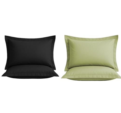 Image of VAS COLLECTIONS Premium Pillow Cover Set of 4 Piece | 210 TC 100% Pure Cotton | Solid Color Hotel Quality Pillow Covers, Hotel & Hospital Use | 18 x 28 Inches (1, Solid Black & Olive Green)