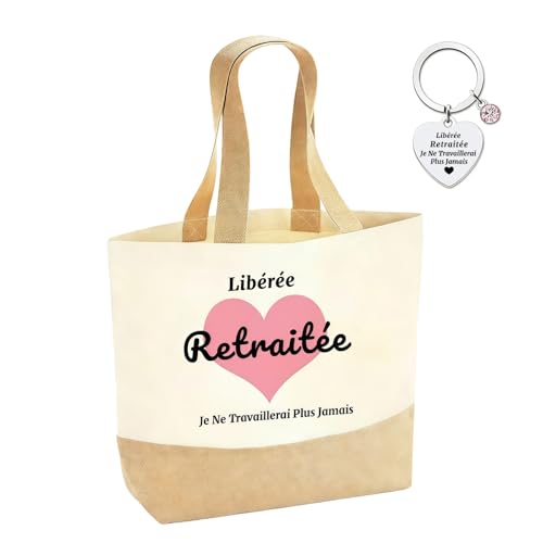 AHEZQILU Cadeau Retraite Femme, Sac Tote Bag Retraitée + Porte Clé Ensemble, Cadeaux Femme Retraite, Original Idée Cadeau Retraite Femmes Grand Sac Toile pour Courses Voyage Cadeaux Femmes
