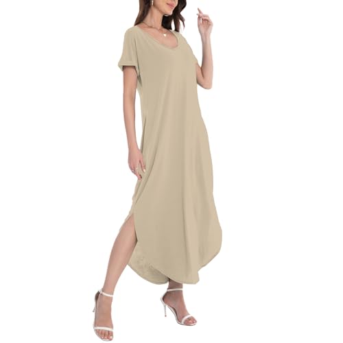 Image of Matchstick Women's Flowy Maxi Dress V-Neck Relaxed Loose Fit Short Sleeve Casual Sundress with Pockets Side Split Beach Dress