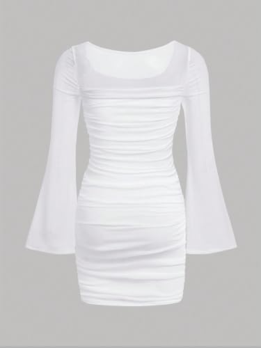 Floerns Girl's Square Neck Bell Long Sleeve Pencil Dress Ruched Short Bodycon Dresses2