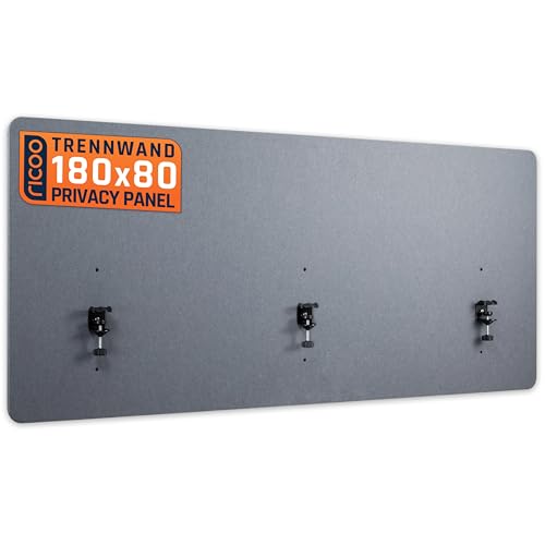 RICOO ZAP1880-G Akustik Trennwand Schreibtisch 180 x 80cm Sichtschutz Schreibtisch Trennwand Filz Pinnwand Grau Geräuschdämmung Akustik Diffusor Schallschutz Büro Tischtrennwand mit Tischklemme