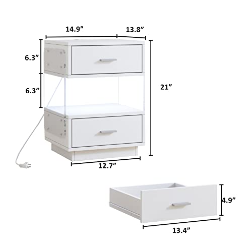 Hosote White Nightstand With Charging Station And Led Lights, Modern Night Stand With 2 Drawers And Open Storage Space, Small Bedside Tables For Bedrooms, End Side Tables Living Room #TOP1