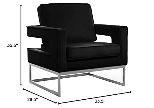 Meridian Furniture Noah Collection Modern | Contemporary Velvet Upholstered Accent Chair With Durable Stainless Steel Base, Black, Chrome Base #TOP2